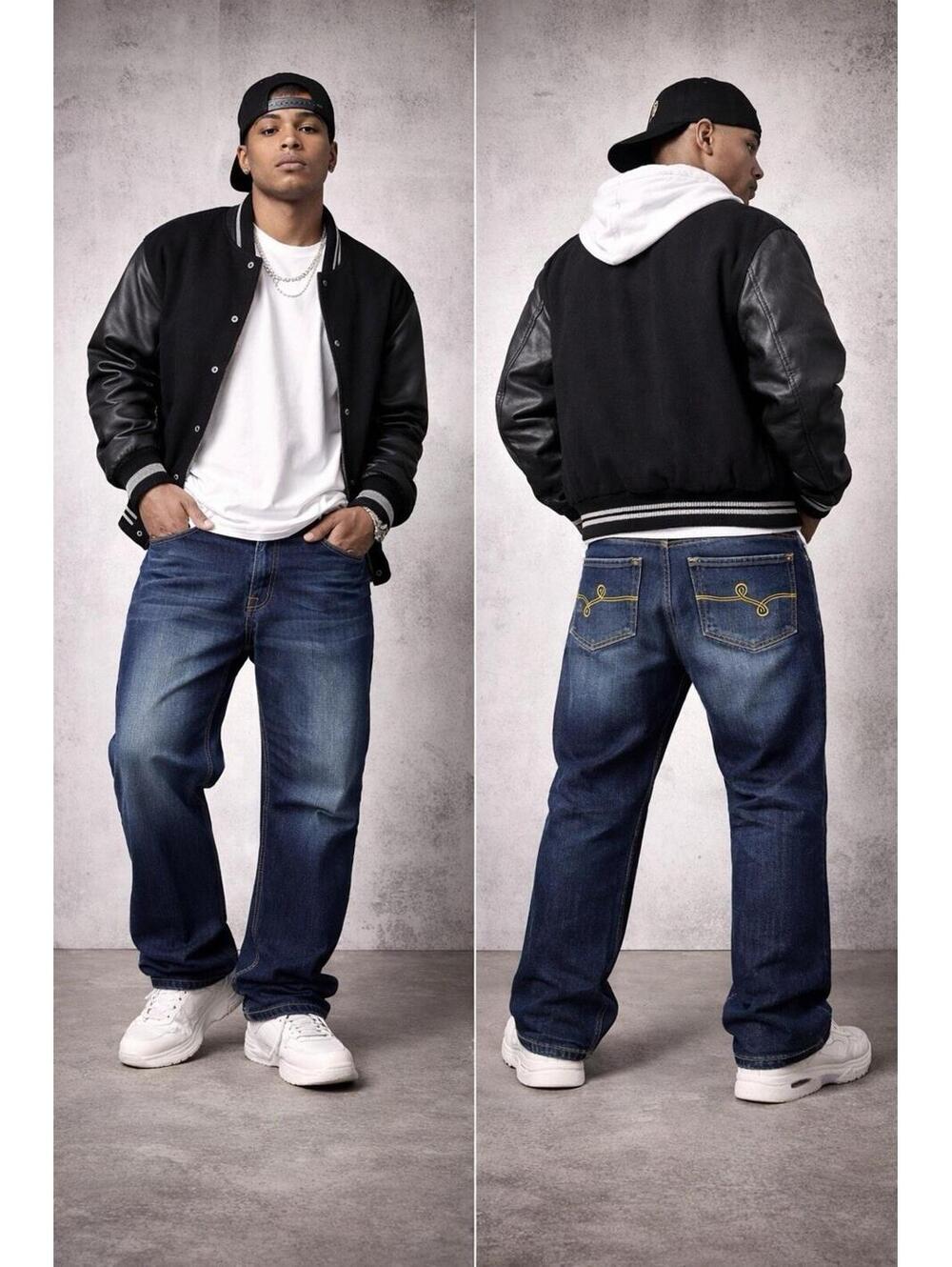 LRG Y2K Baggy Jeans Mens Wide Leg Dark Wash Embroidered Logo Hip Hop 90s Size 40